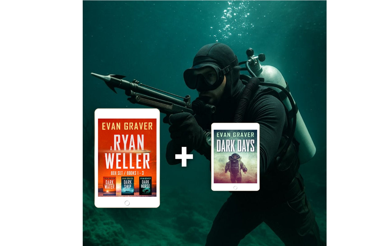 Person in scuba gear with books titled 'Evan Graver' and 'Dark Days' on a dark green underwater background.