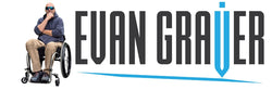 Evan in his wheelchair beside his name in black letters. The V in his last name forms a pen that draws a blue line under his name