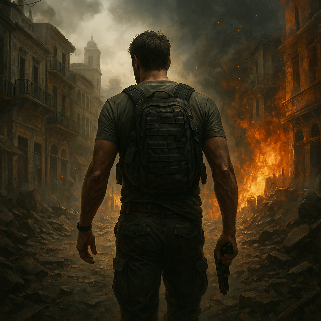 John Phoenix with a backpack walking through a destroyed city with fire and smoke