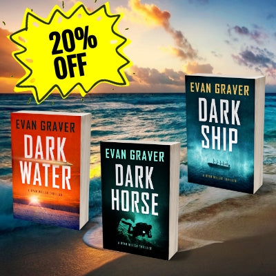 Three books by Evan Graver titled 'Dark Water', 'Dark Horse', and 'Dark Ship' with a 20% off label against a beach sunset background.
