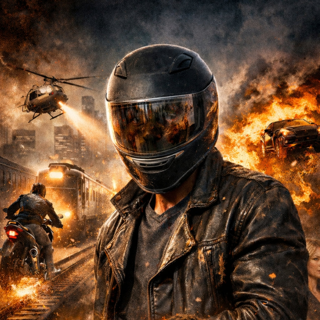Person wearing a helmet and leather jacket in a chaotic urban setting with fires and vehicles.