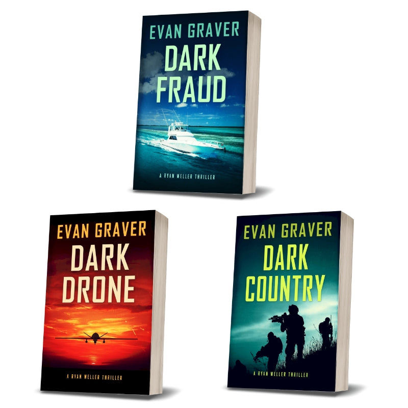 Three book covers of 'Dark Fraud', 'Dark Drone', and 'Dark Country' by Evan Graver on a white background.