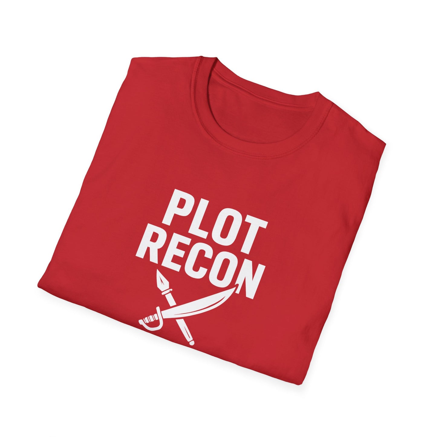 Folded red t-shirt with 'PLOT RECON' text and a sword graphic on a white background
