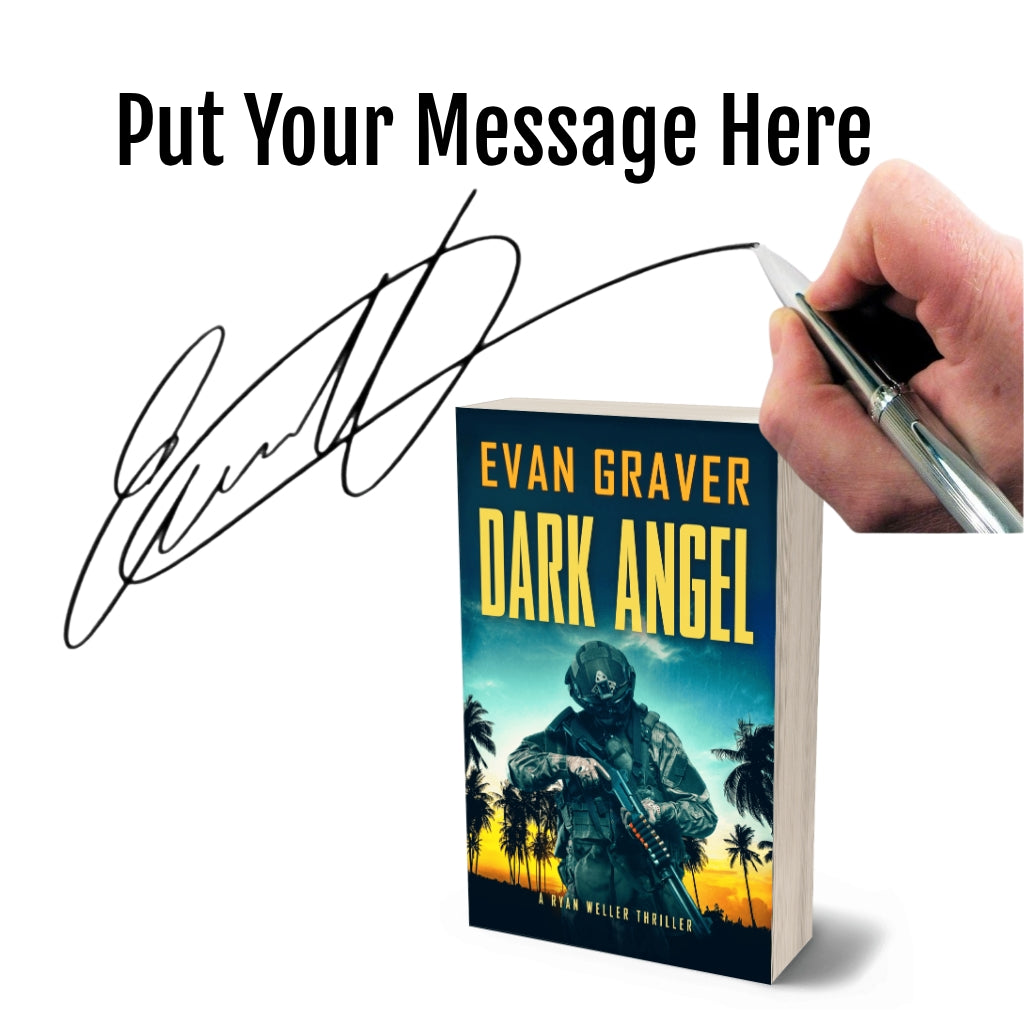 Book titled 'Dark Angel' by Evan Graver with a hand holding a pen and signature overlay.