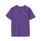 Purple t-shirt with a small logo on the back against a white background