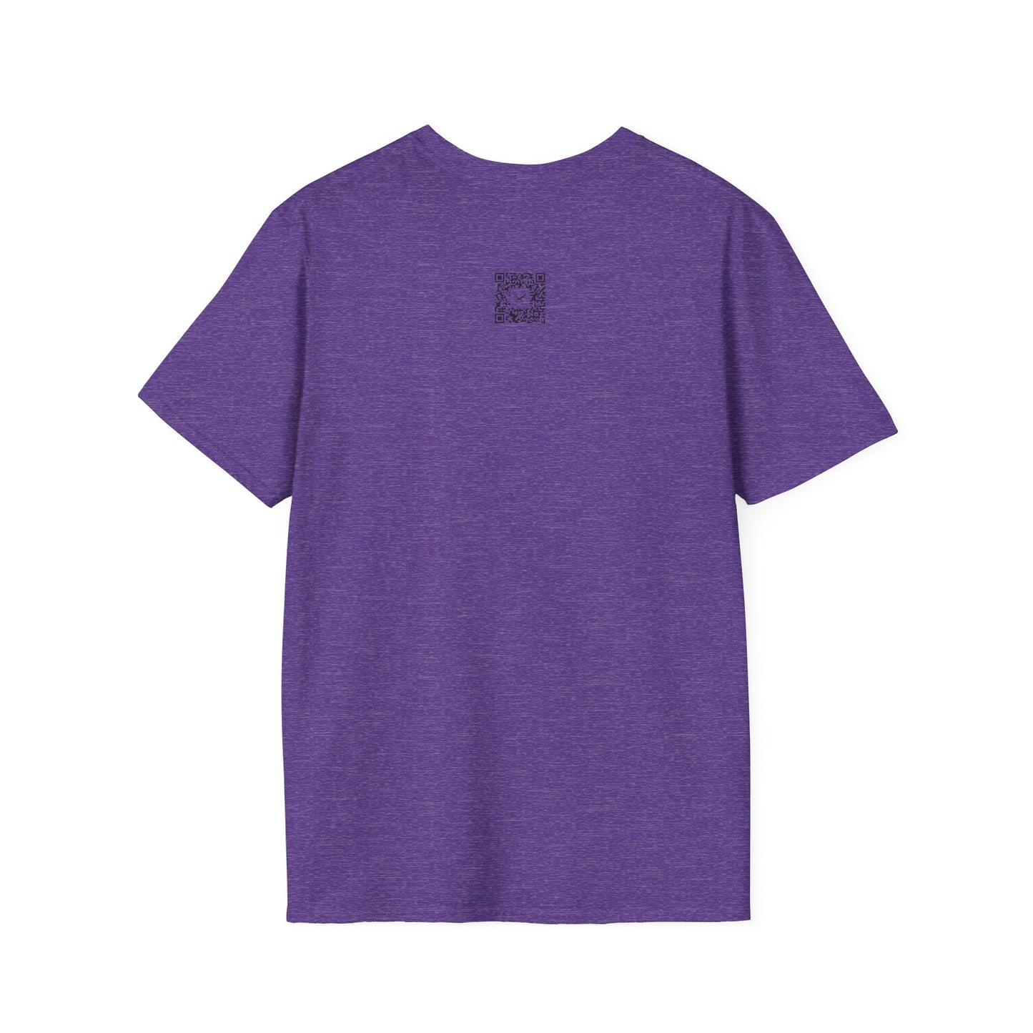 Purple t-shirt with a small logo on the back against a white background
