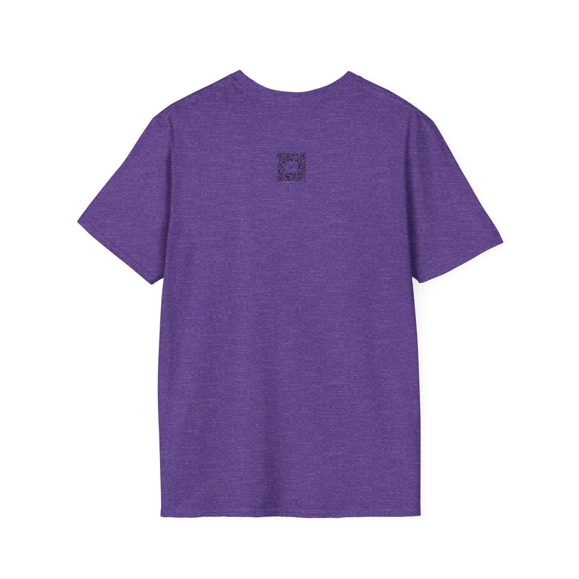 Purple t-shirt with a small logo on the back against a white background