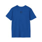 Blue t-shirt with a small QR code logo on the back against a white background