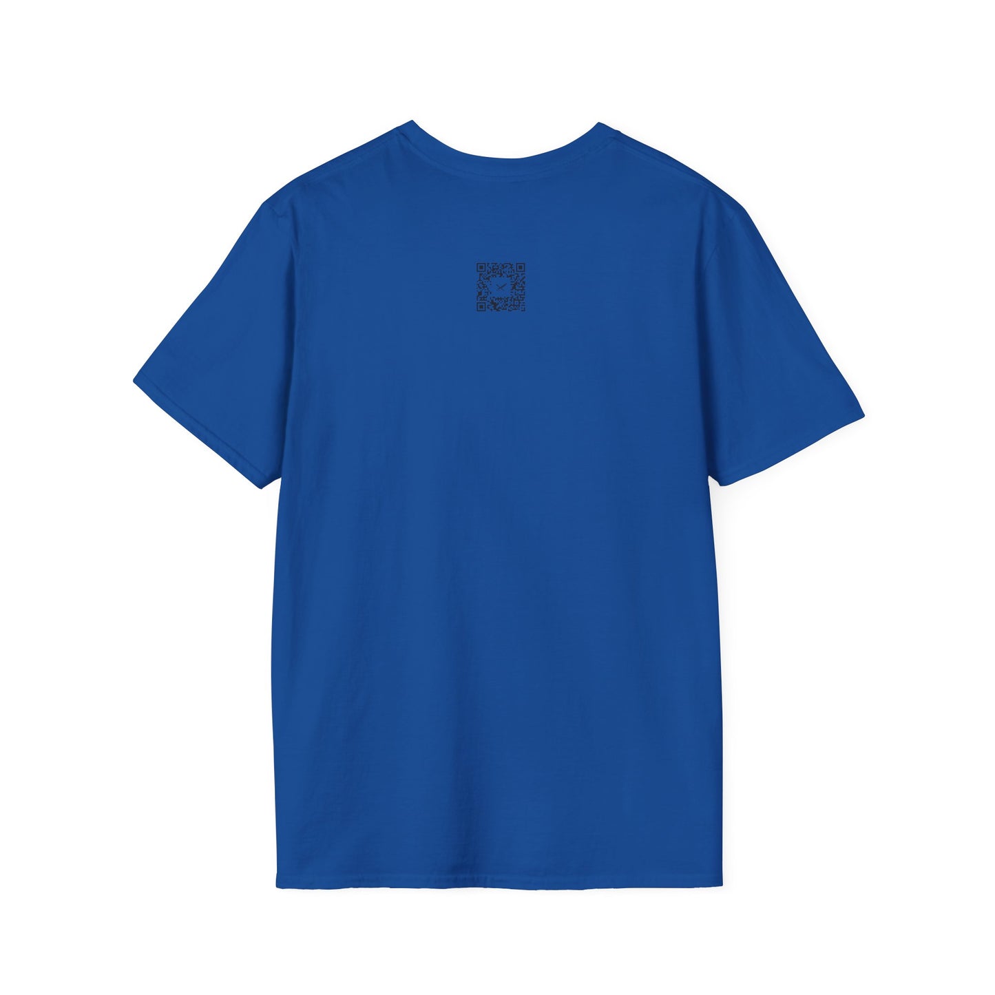 Blue t-shirt with a small QR code logo on the back against a white background