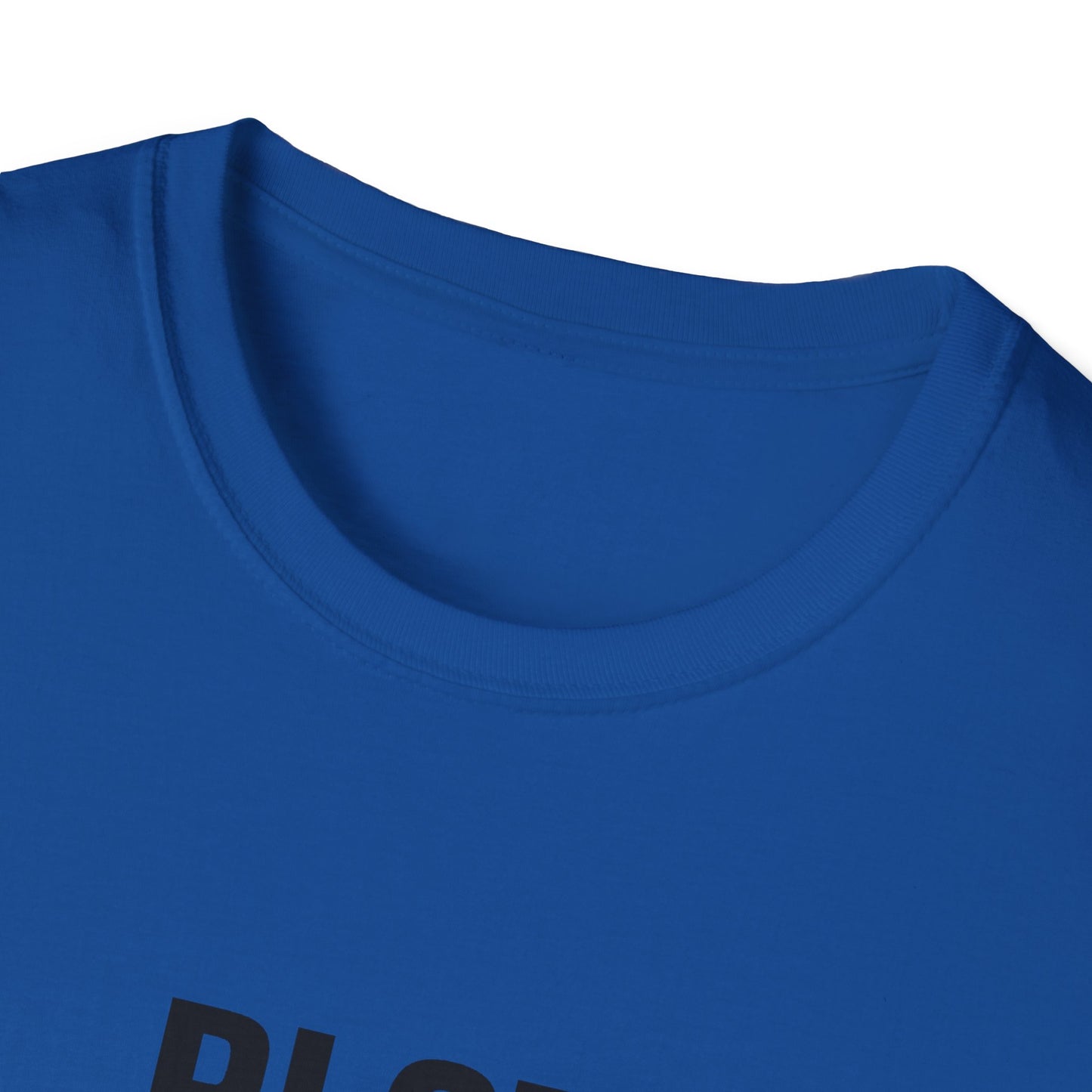 Close-up of a blue shirt with text on a white background