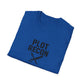 Folded blue t-shirt with 'PLOT RECON' text and a sword graphic on a white background