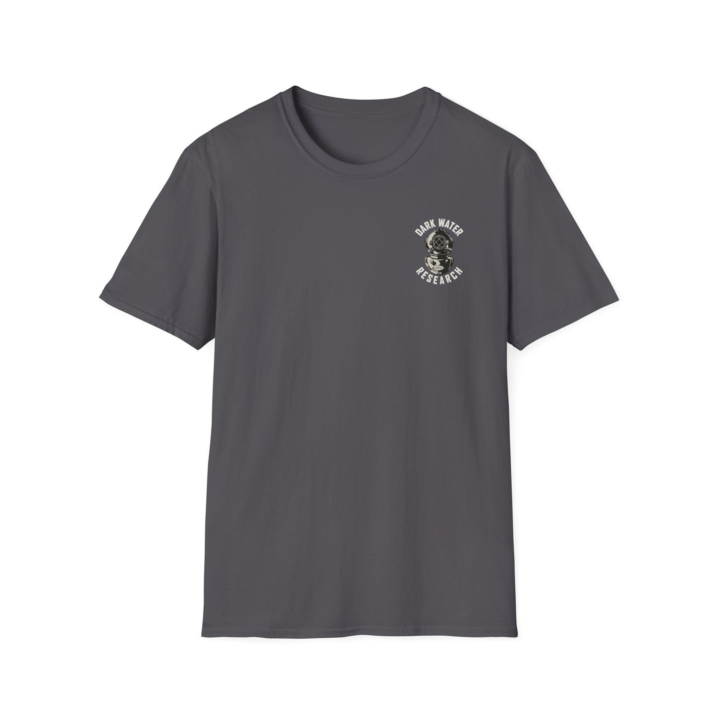 Gray t-shirt with a small logo on the chest against a white background
