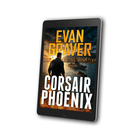 A black tablet device displaying a book cover titled "Corsair Phoenix" by Evan Graver, shown at an angle on a clean white background with a soft shadow.