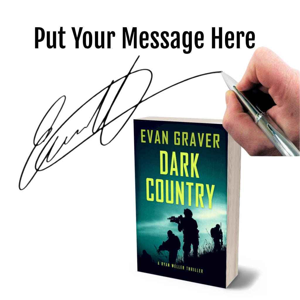 Book titled 'Dark Country' by Evan Graver with a hand holding a pen and signature overlay.