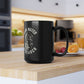 Black mug with 'Dark Water Research' design on a kitchen counter
