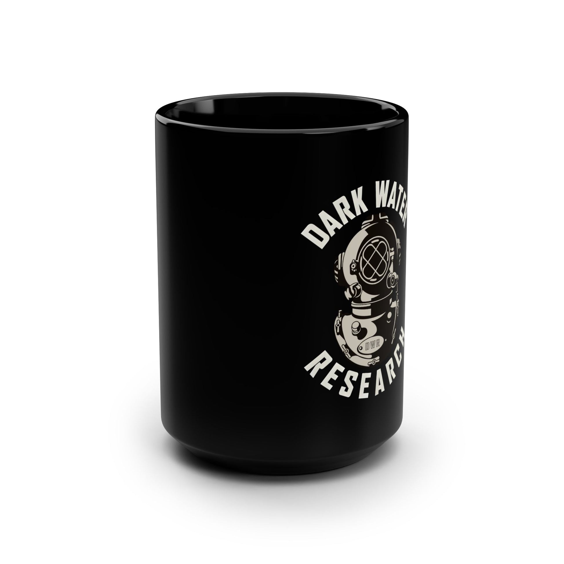 Black mug with 'Dark Water Research' logo on a white background