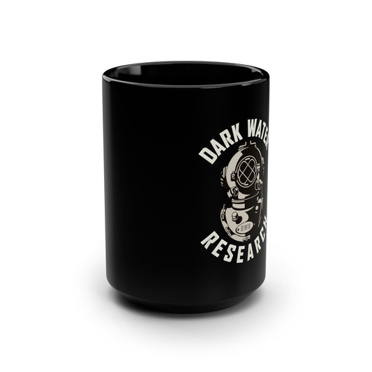 Black mug with 'Dark Water Research' logo on a white background