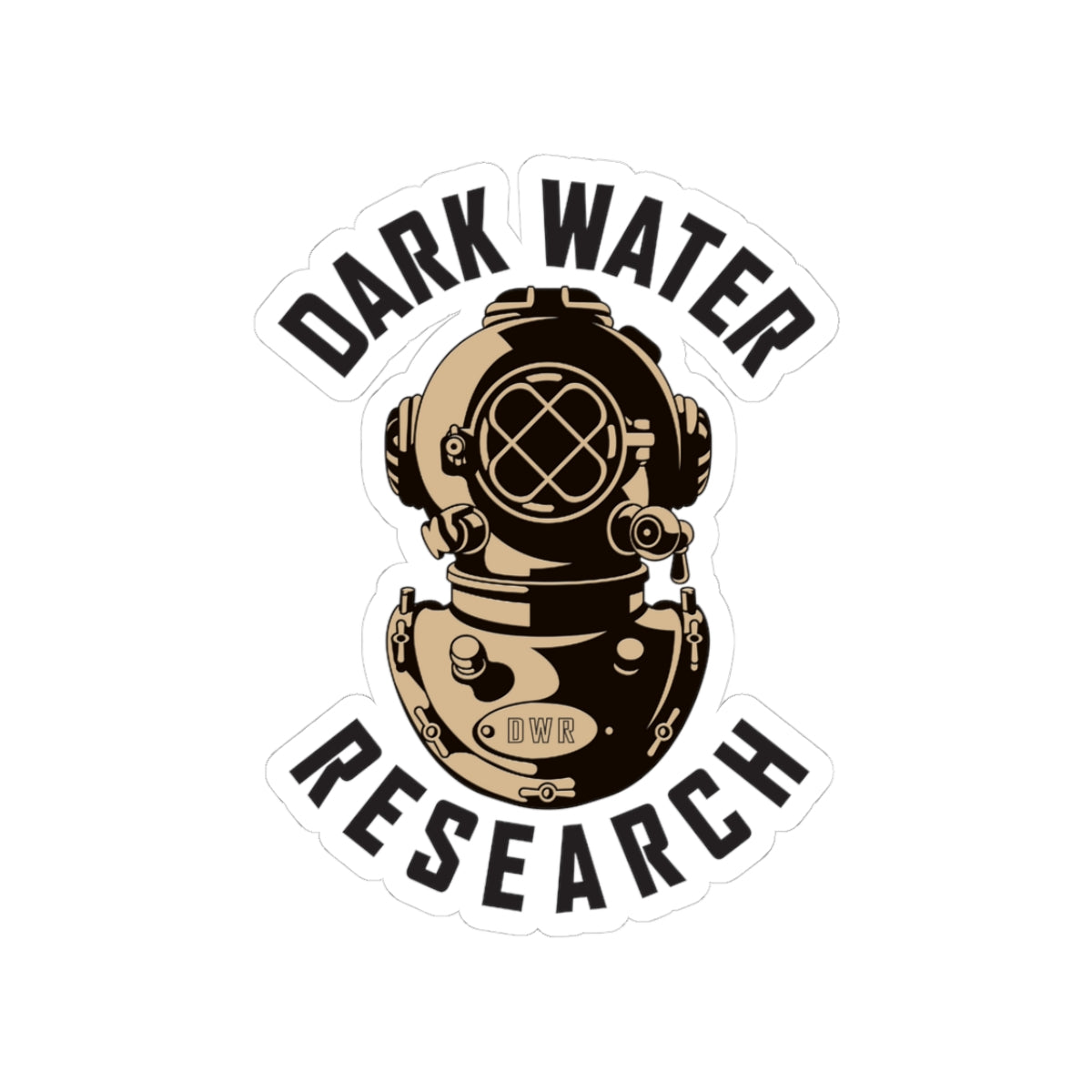 Sticker with a diving helmet design and 'Dark Water Research' text on a white background