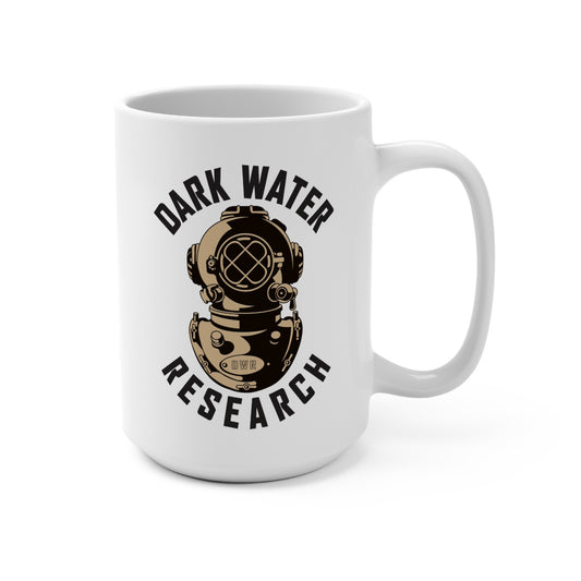 White mug with 'Dark Water Research' design featuring a diving helmet on a white background