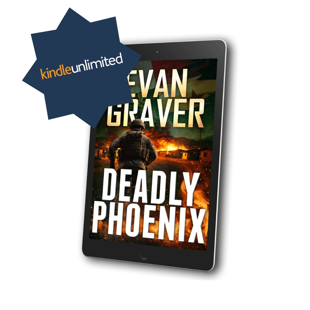 Kindle tablet displaying the cover of 'Deadly Phoenix' by Evan Graver with Kindle Unlimited logo.