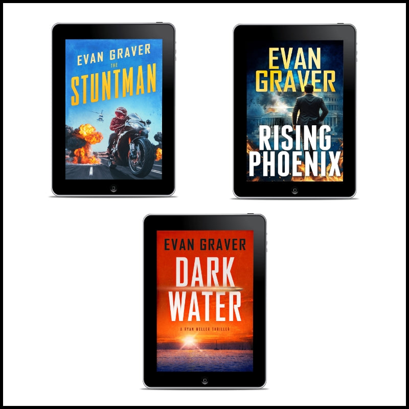 Three tablets displaying book covers of 'Stuntman', 'Rising Phoenix', and 'Dark Water' by Evan Graver.