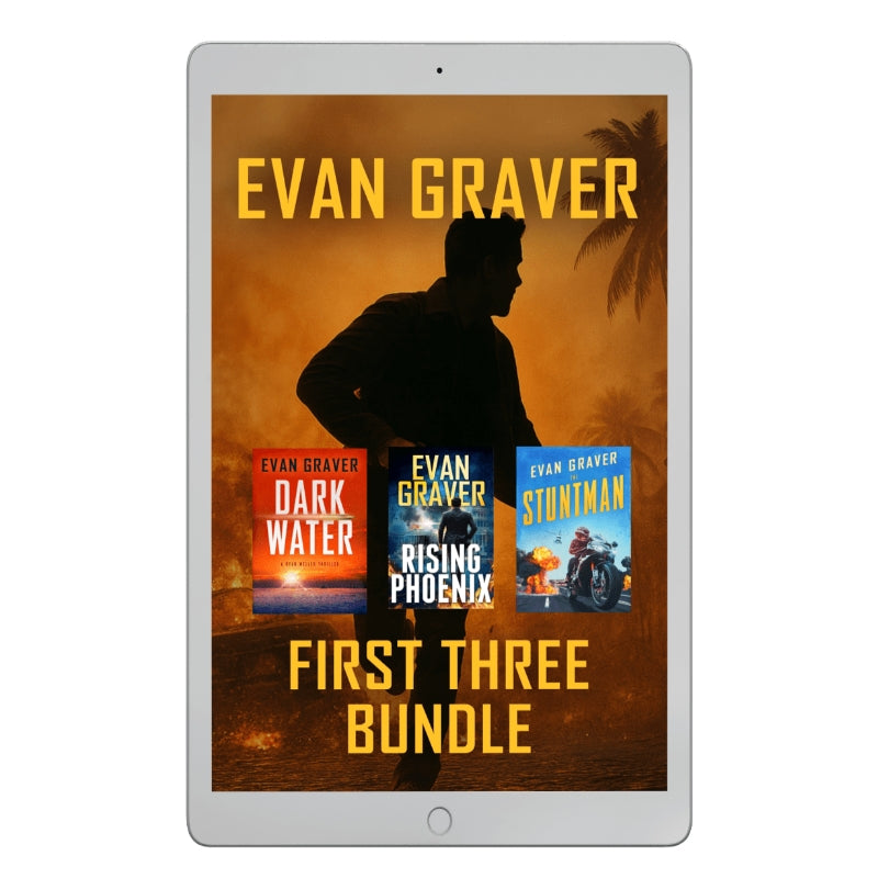 Tablet displaying a bundle of Evan Graver books with a silhouette against an orange background.