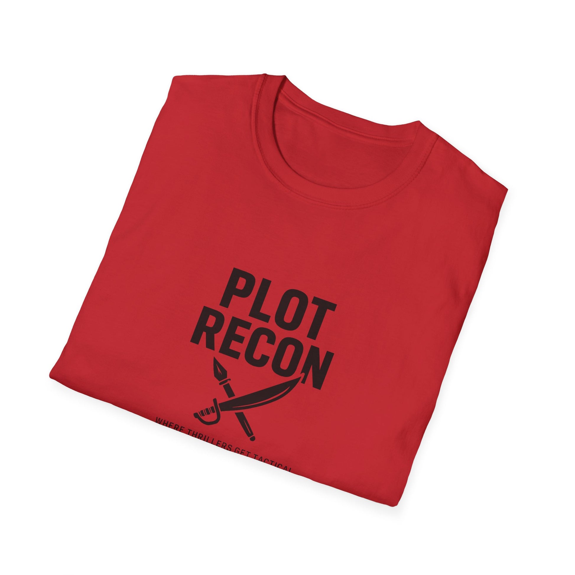 Folded red t-shirt with 'Plot Recon' text and dagger graphic on a white background