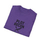 Folded purple t-shirt with 'Plot Recon' text and sword graphic on a white background