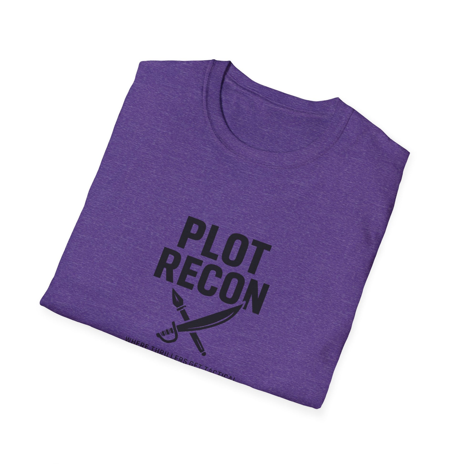 Folded purple t-shirt with 'Plot Recon' text and sword graphic on a white background
