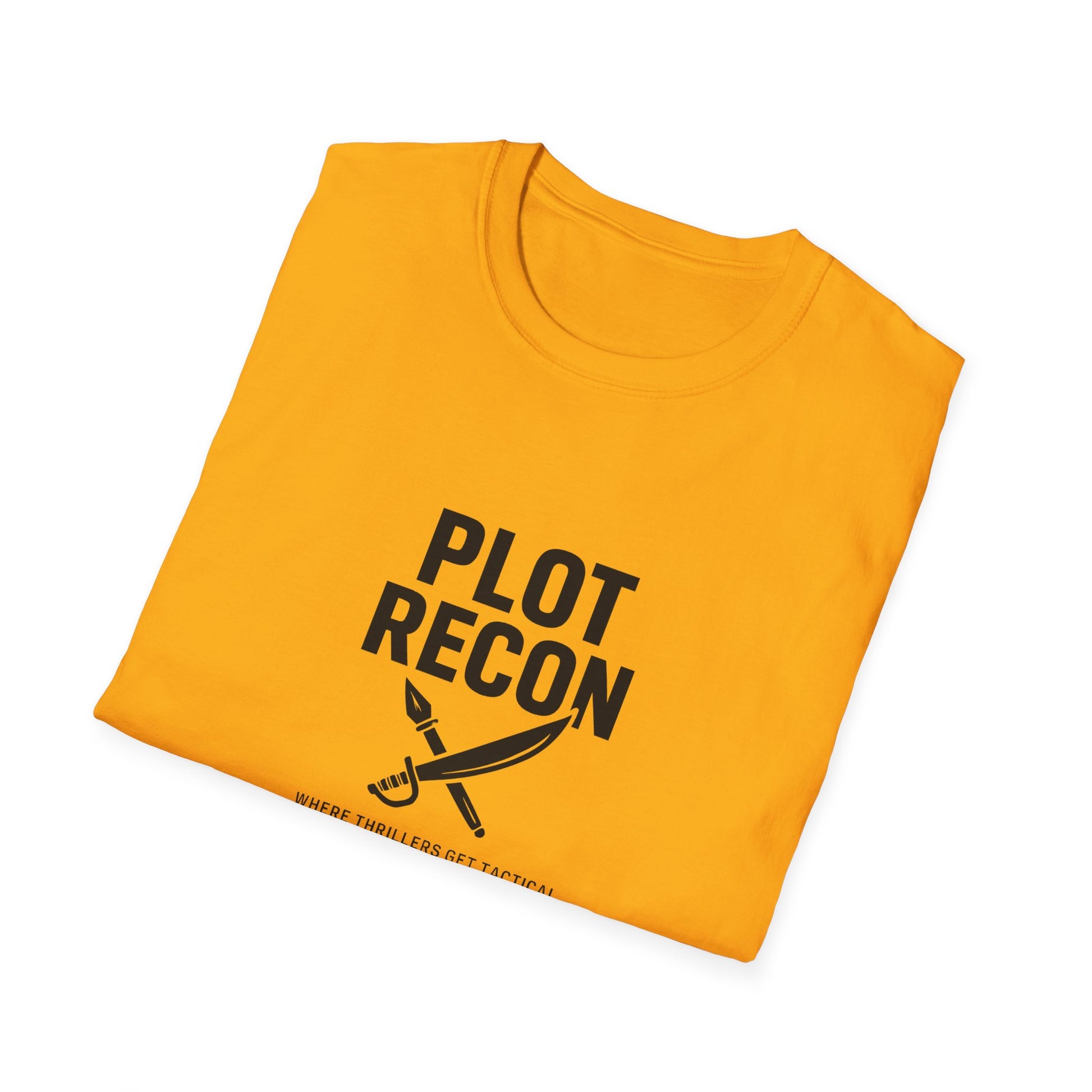 Yellow t-shirt with 'PLOT RECON' text and sword graphic on a white background