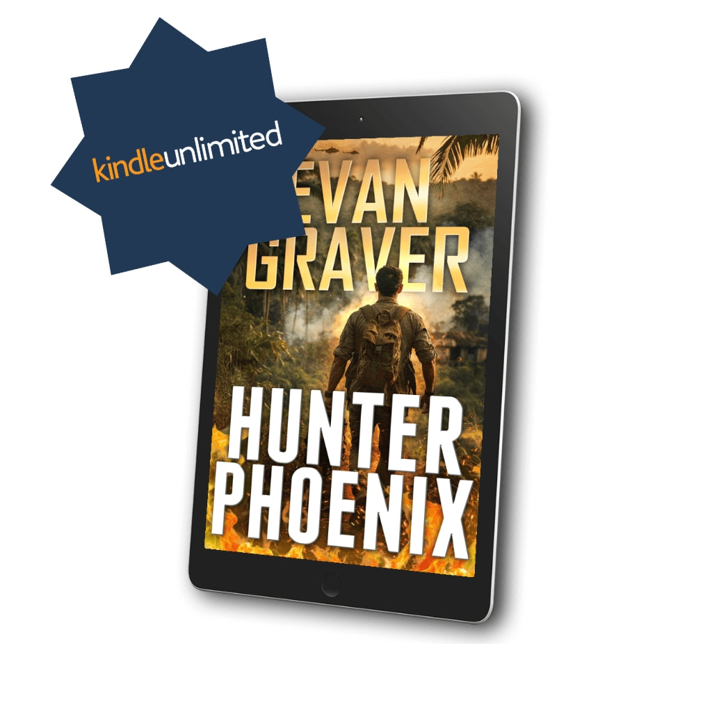 Kindle tablet with 'Hunter Phoenix' book cover by Evan Graver and Kindle Unlimited logo.