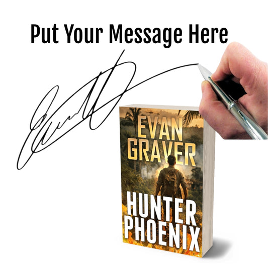 Book titled 'Hunter Phoenix' by Evan Graver with a hand holding a pen and signature overlay.