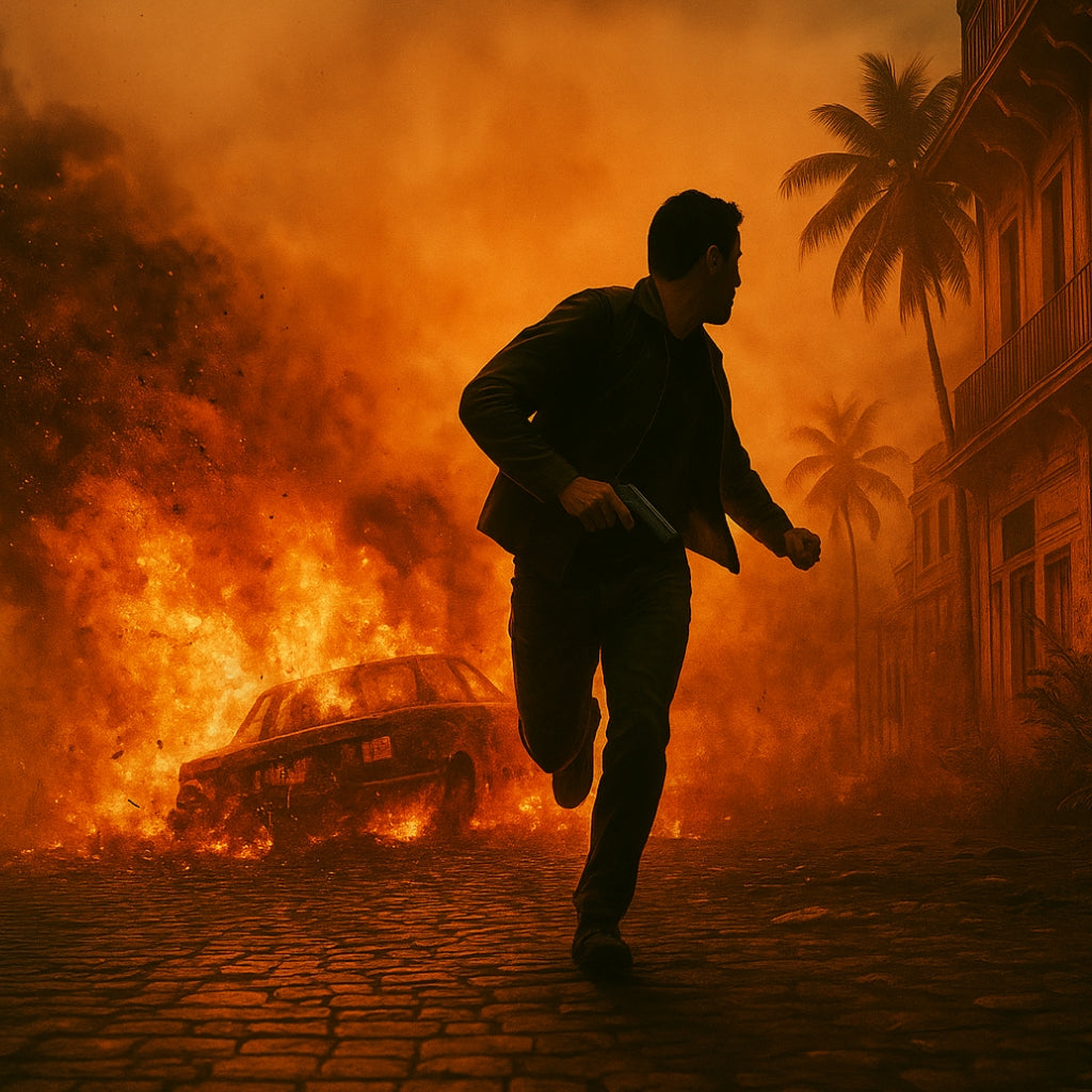 Person running away from a burning car on a cobbled street with palm trees in the background