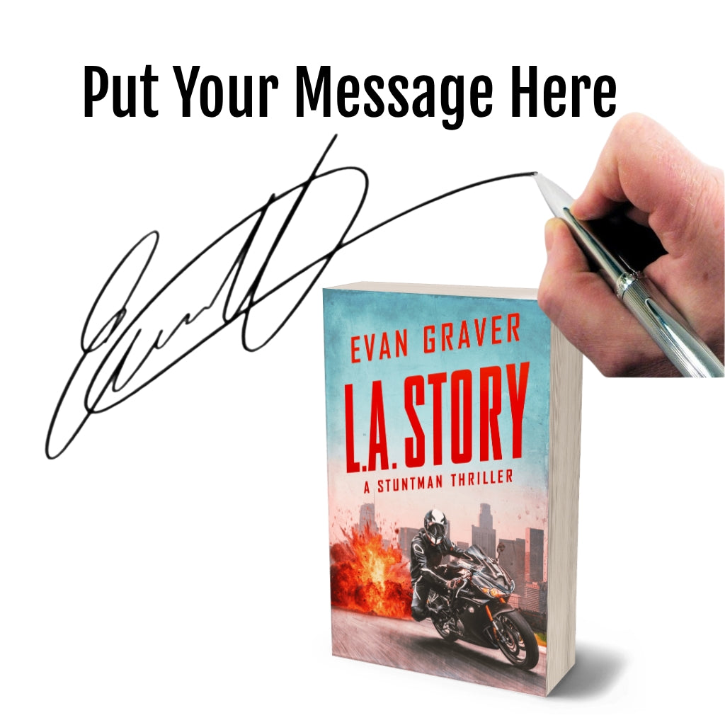 Book titled 'LA Story' by Evan Graver with a hand holding a pen and signature overlay.