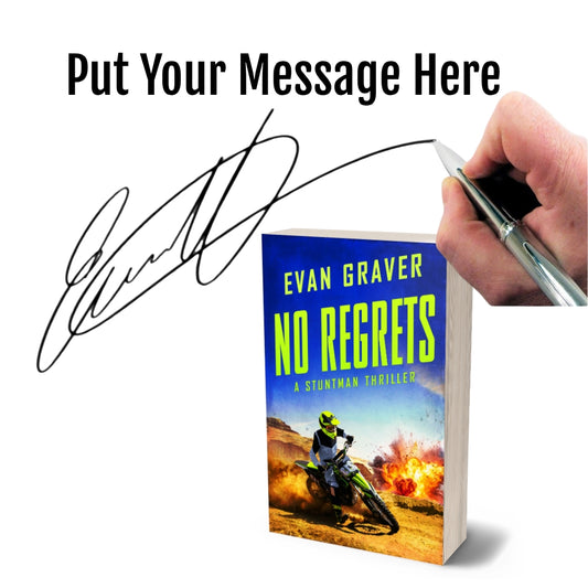 Book titled 'No Regrets' by Evan Graver with a hand holding a pen and signature overlay.
