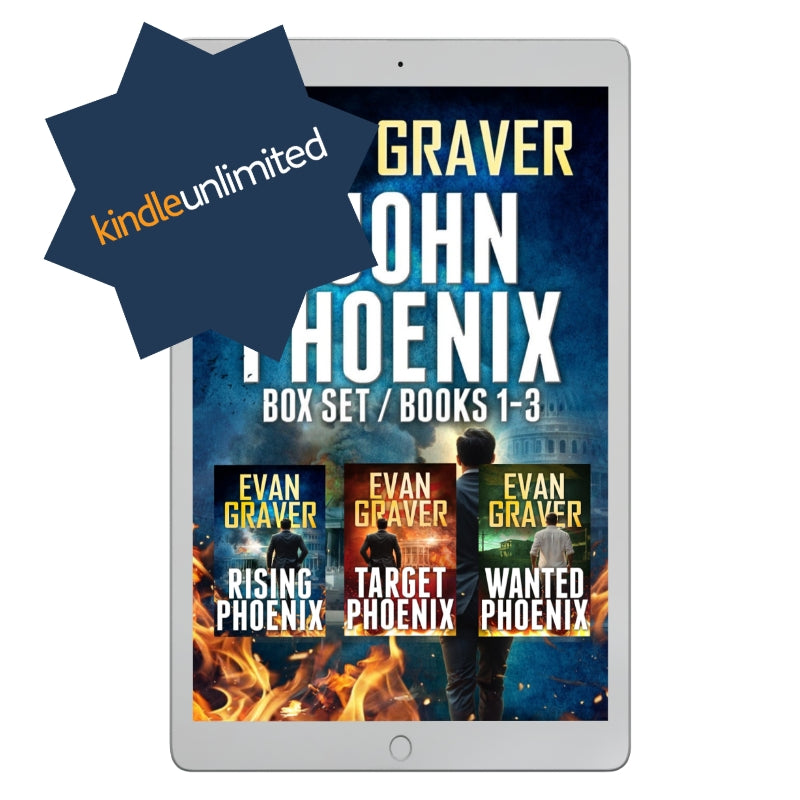 Kindle tablet displaying a book cover for 'Graver' by John Hoenix with Kindle Unlimited logo.