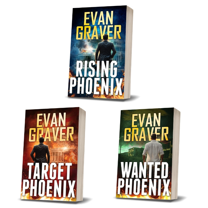 Three books by Evan Graver titled 'Rising Phoenix', 'Target Phoenix', and 'Wanted Phoenix' on a white background.