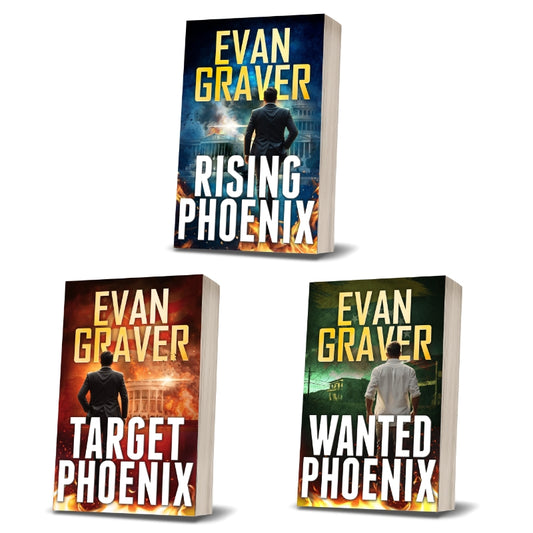Three books by Evan Graver titled 'Rising Phoenix', 'Target Phoenix', and 'Wanted Phoenix' on a white background.