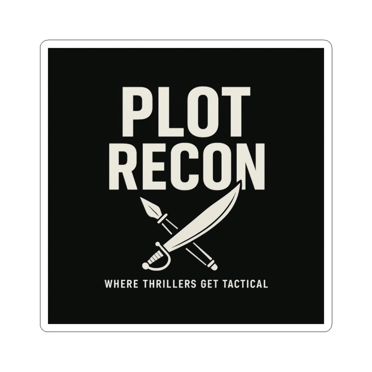 Black square with 'PLOT RECON' text and a crossed pen and knife