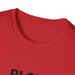 Close-up of a red shirt with black text on a white background
