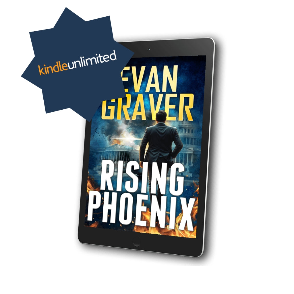 Kindle tablet displaying the book 'Rising Phoenix' by Evan Graver with Kindle Unlimited logo.