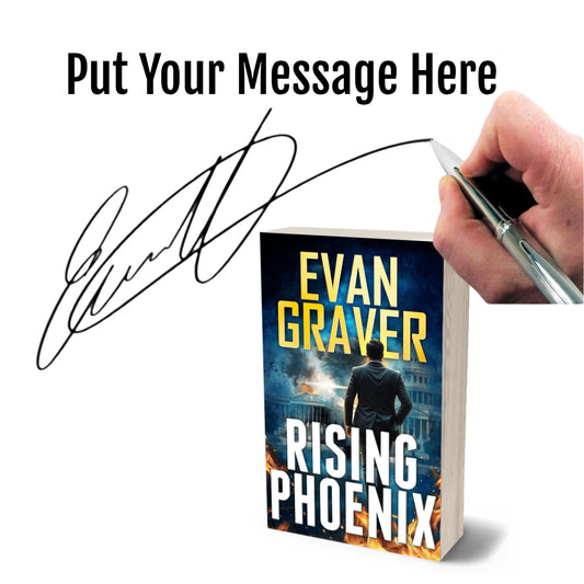 Book titled 'Rising Phoenix' by Evan Graver with a hand signing it on a white background.
