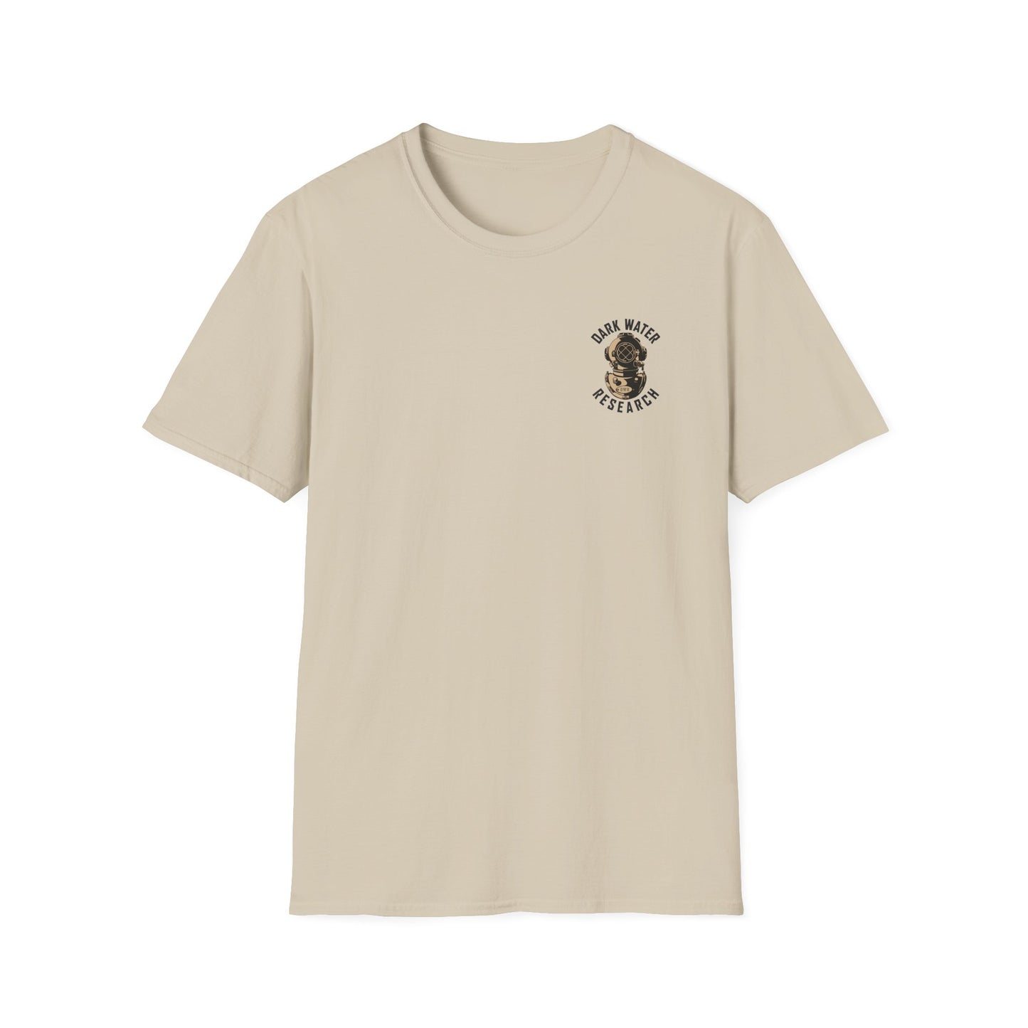 Beige t-shirt with a logo on the chest against a white background