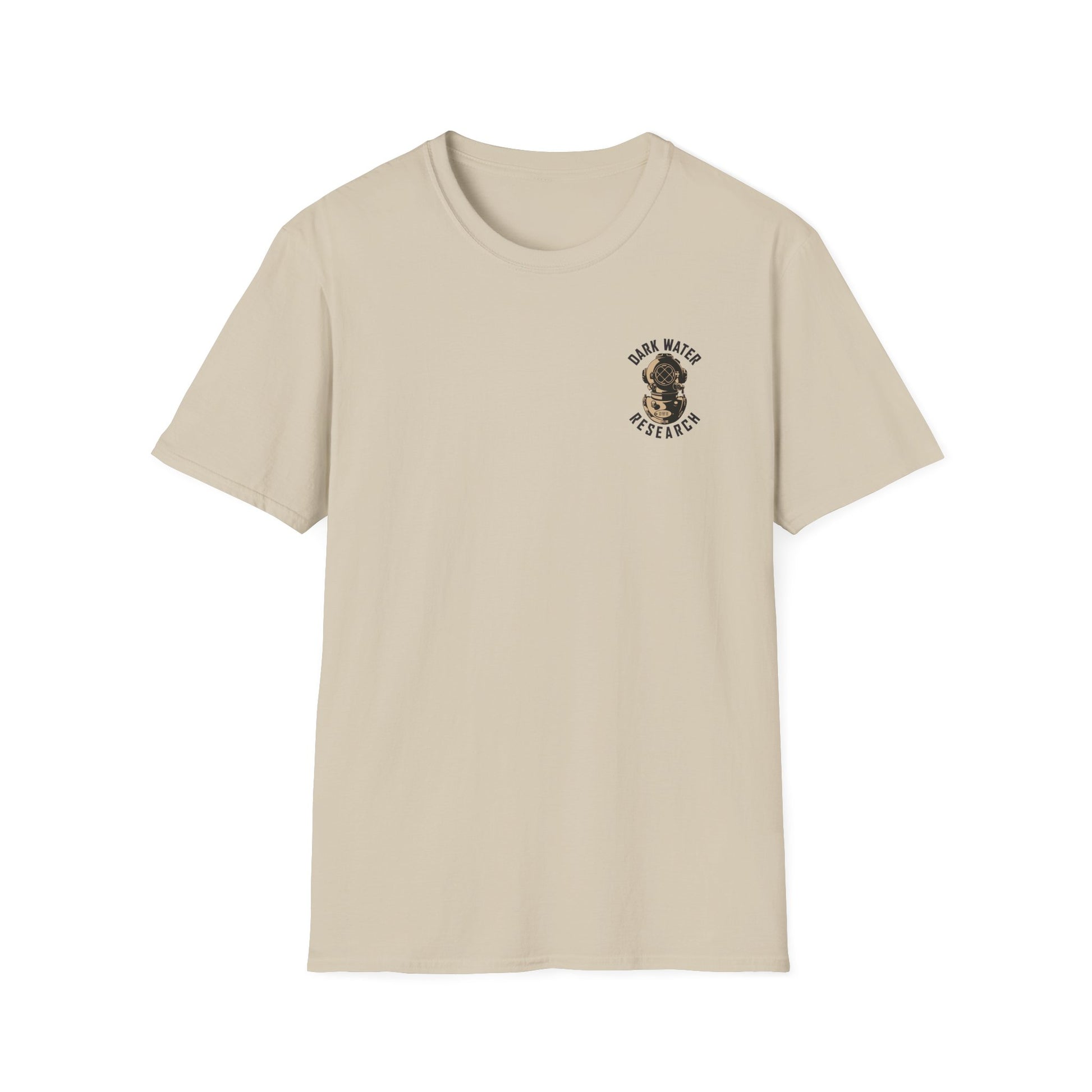 Beige t-shirt with a logo on the chest against a white background