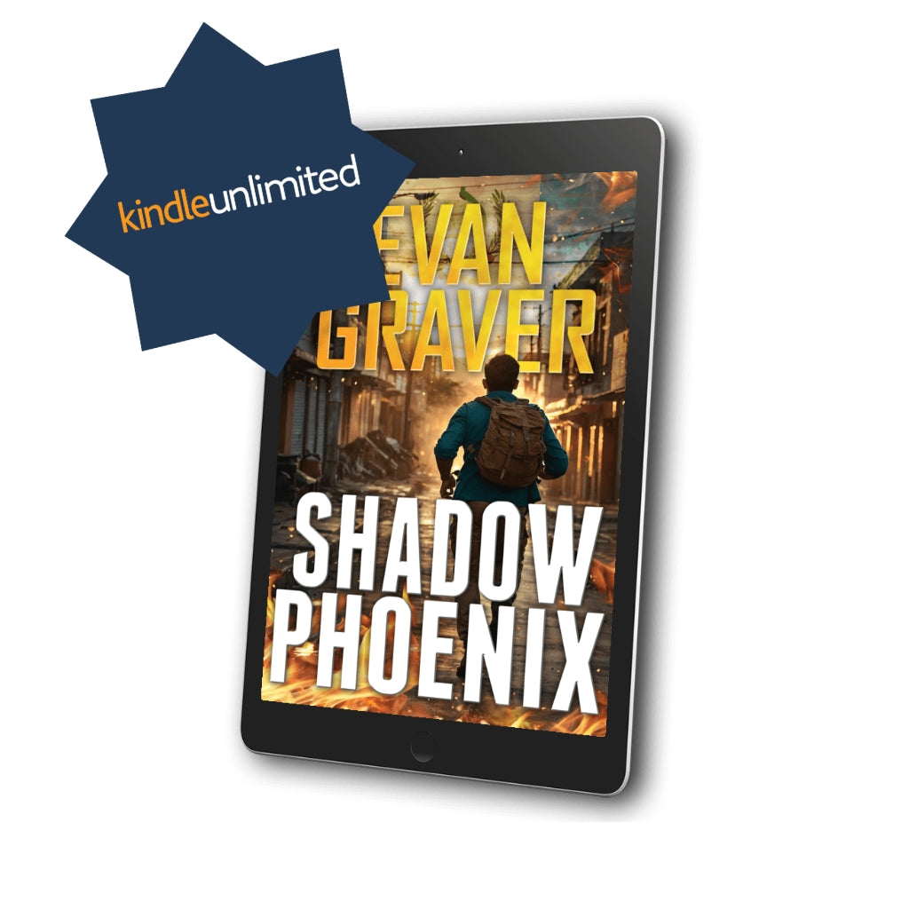 Kindle tablet displaying 'Shadow Phoenix' by Evan Graver with Kindle Unlimited logo.