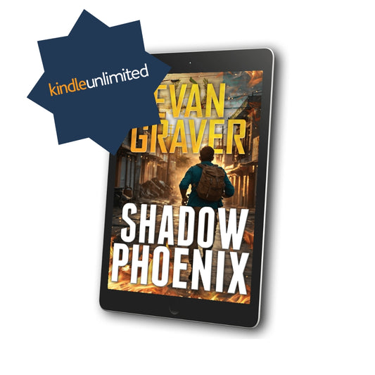 Kindle tablet displaying 'Shadow Phoenix' by Evan Graver with Kindle Unlimited logo.