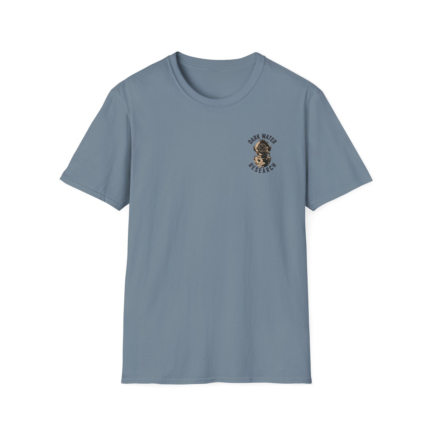 front of t-shirt with Dark Water Research logo on left breast