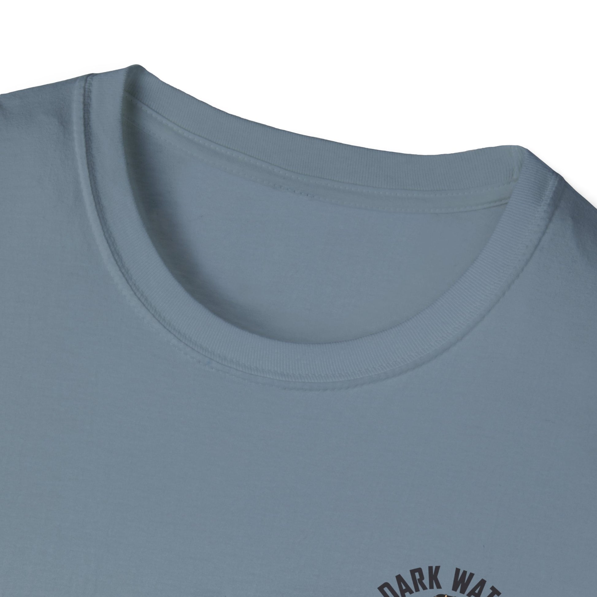Close-up of a light blue t-shirt with 'Dark Water' text on a white background