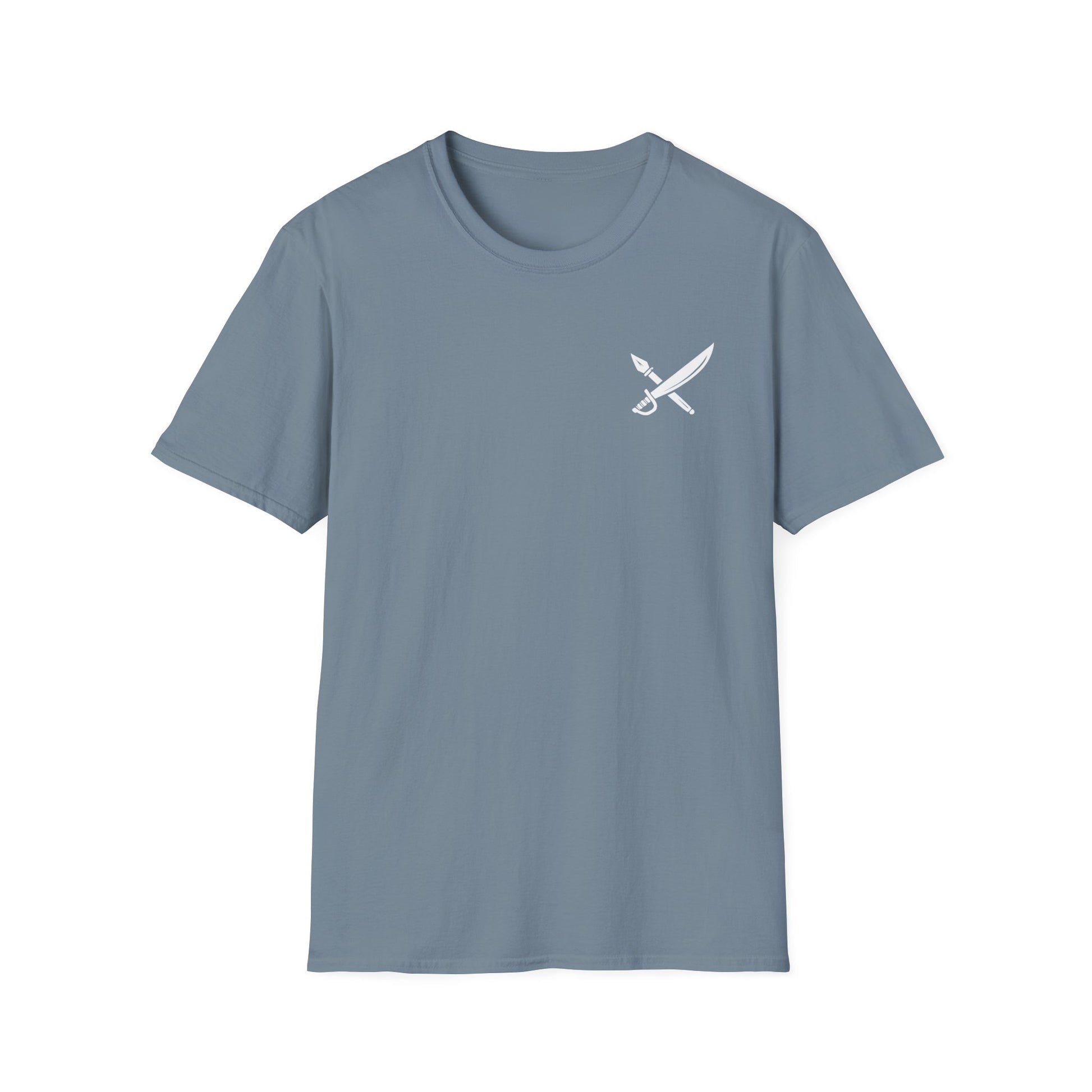 Blue t-shirt with a white logo on a white background