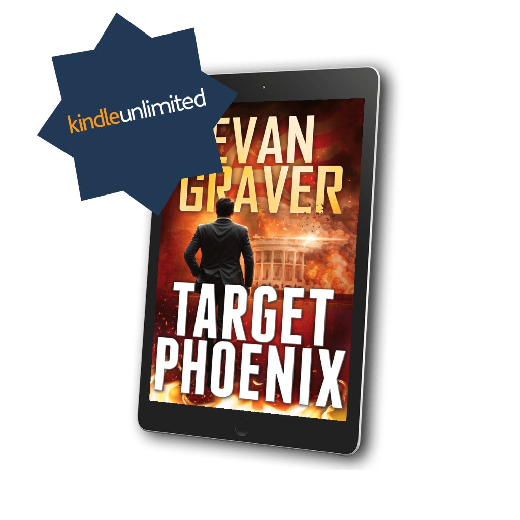 Kindle tablet displaying the book 'Target Phoenix' by Evan Graver with a Kindle Unlimited logo.